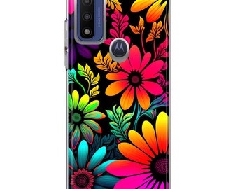 For Motorola Moto G Play 2023 Neon Rainbow Glow Colorful Abstract Flowers Floral Hybrid Protective Phone Case Cover