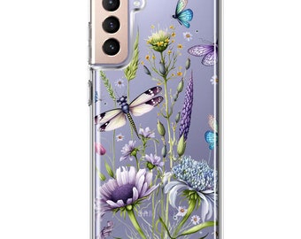 For Samsung Galaxy S21 Lavender Dragonfly Butterflies Spring Flowers Design Hybrid Protective Phone Case Cover