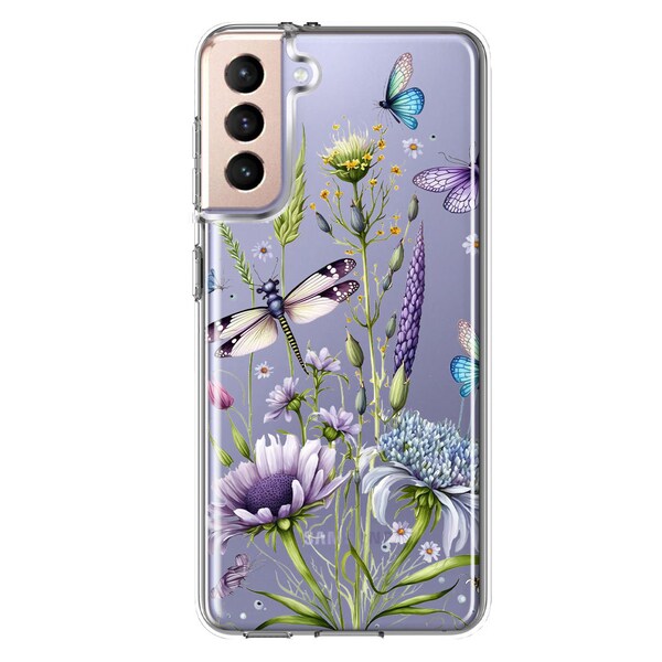 For Samsung Galaxy S21 Lavender Dragonfly Butterflies Spring Flowers Design Hybrid Protective Phone Case Cover