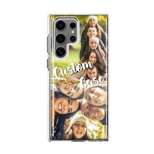 May include: Clear phone case with a custom photo collage of a family. The case features the words "Custom Case" in white script. The phone case has a clear border and a camera cutout.