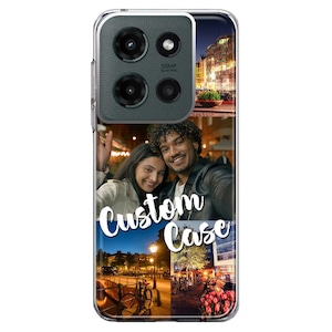 May include: Clear phone case with a collage of images, including a couple, cityscapes, and the text "Custom Case" in white script. The case has a camera module design at the top.