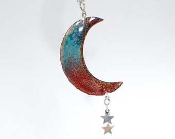 Moon-N-Stars Red Turquoise Enameled Pendant