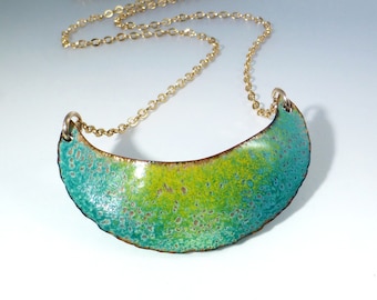 Canoe shaped Enameled Pendant in Turquoise, Green & Yellow