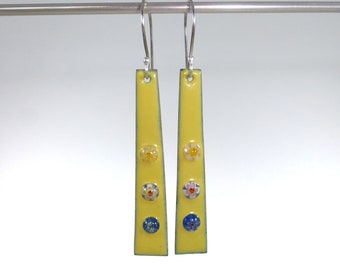 Geometric enameled earrings in yellow with millifiori flowers