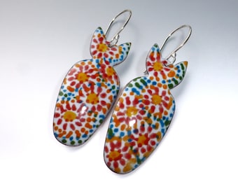 Meow! Rainbow Dot Floral cat earrings, enameled