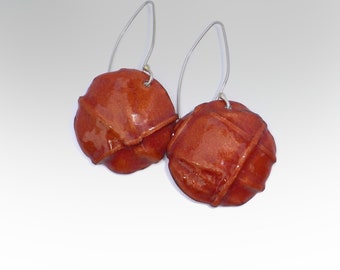 Copper fold formed enameled earrings