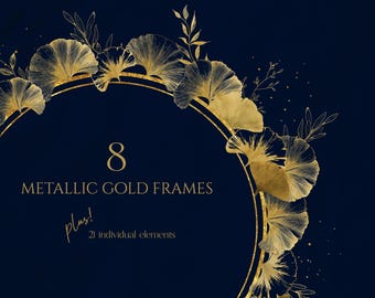 Metallic Gold Frames Clipart, Floral Elements (Digital Download)