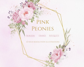 Pink Peony Illustrations, Pink Peony Clipart