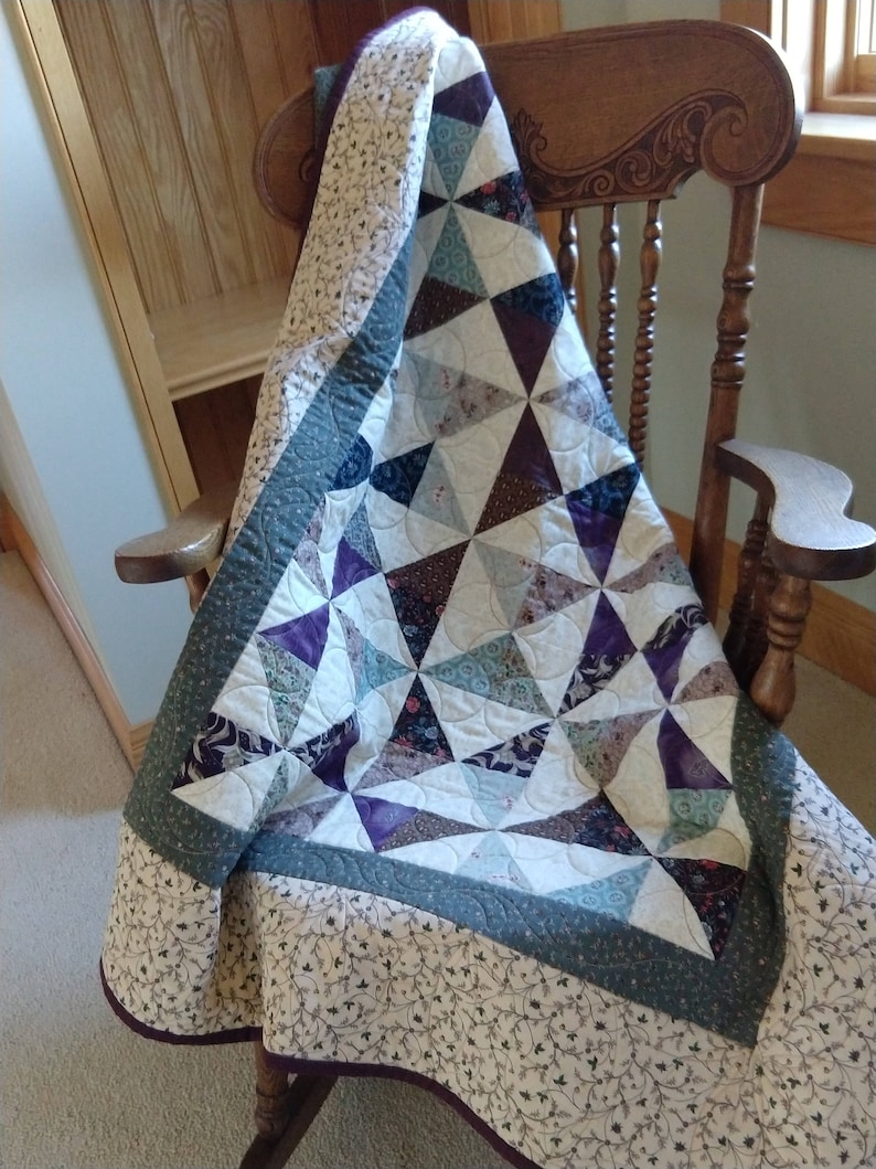 and Navy Brown Cotton Purple Green Throw or Lap Robe Quilted in Tan