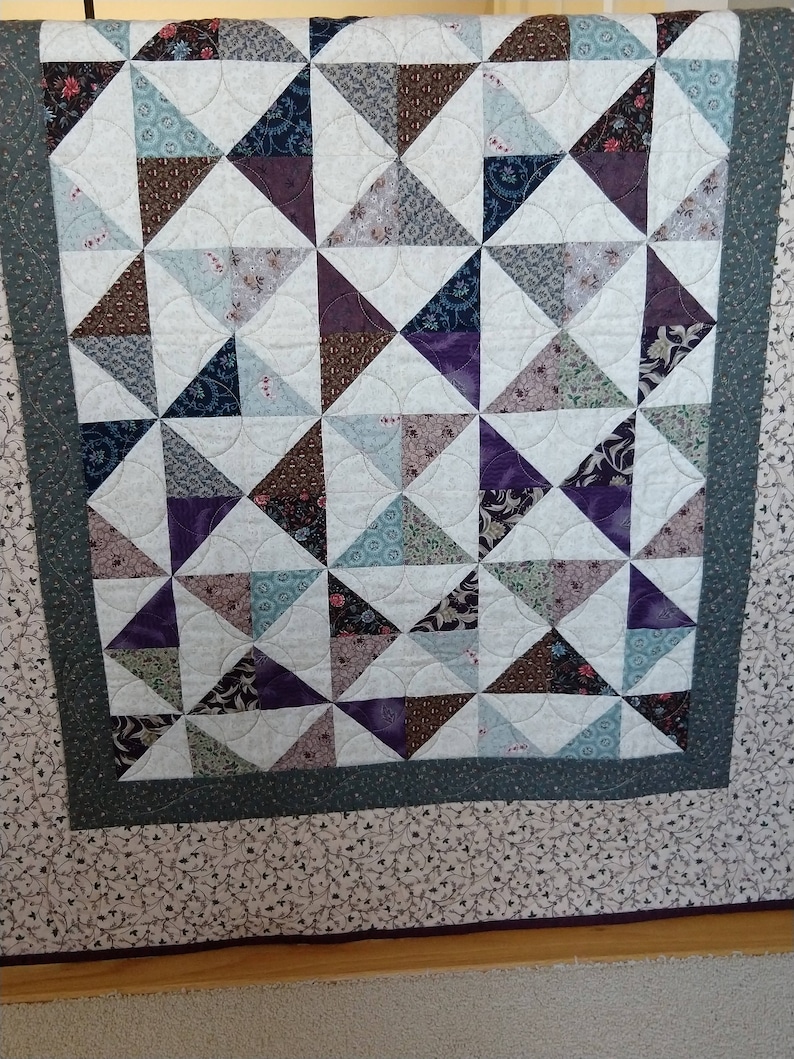 and Navy Brown Cotton Purple Green Throw or Lap Robe Quilted in Tan