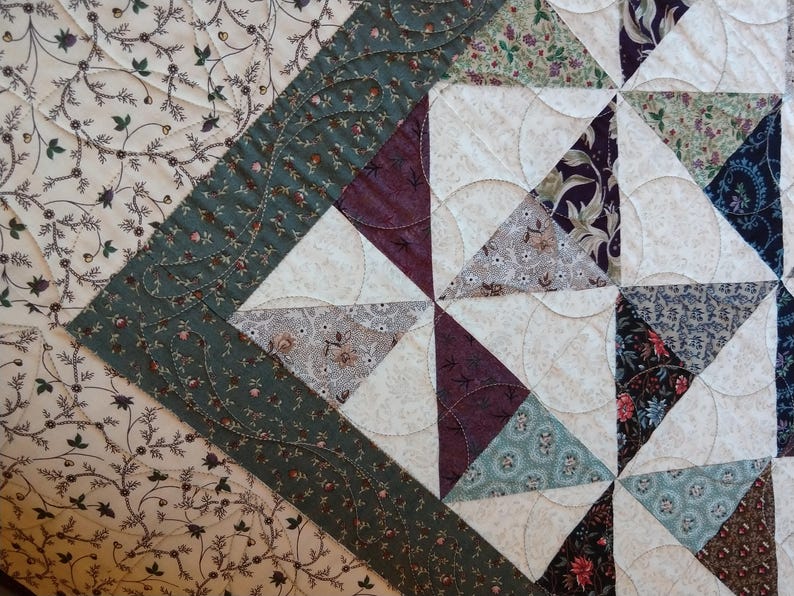and Navy Brown Cotton Purple Green Throw or Lap Robe Quilted in Tan