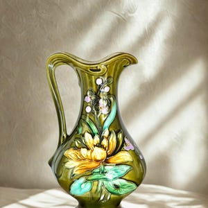 Vintage Art Nouveau Glazed Ceramic Jug – Floral Decor with Glossy Glaze, Late 19th/Early 20th Century