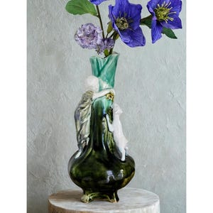 Art Nouveau glazed ceramic vase – Woman and dog – Circa 1900
