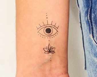 Fine Line Evil Eye and Lotus Flower Temporary Tattoo (Set of 3)