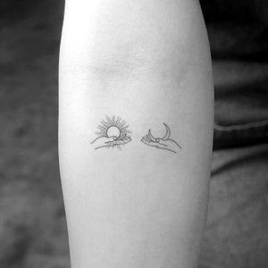 Hand Holding Sun And Moon Temporary Tattoo (Set of 3)