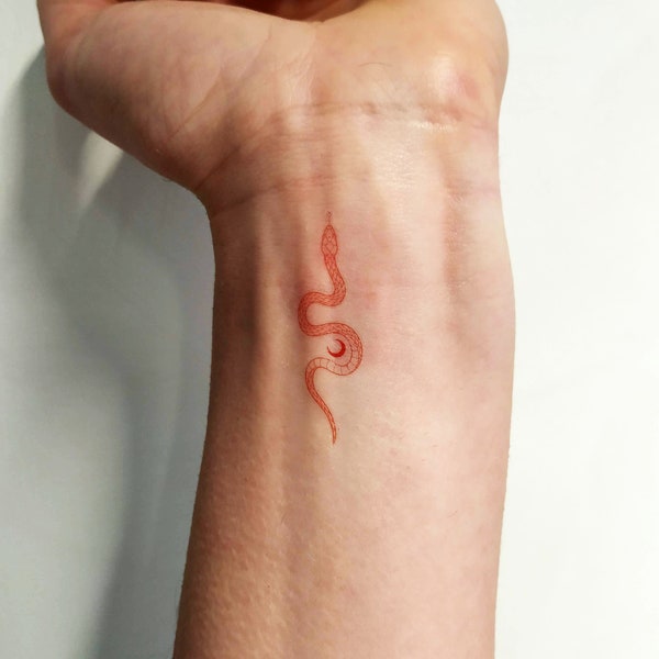 Fine Line Red Snake Temporary Tattoo By Jakenowicz (Set of 3)