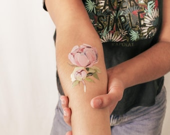 Tatuaje temporal de peonía rosa de Ann Lilya (juego de 3)