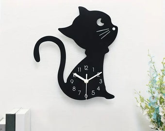 Cat Wood Clock with Numbers, Design Clock, Plexiglass Wall Clock,  Wall Clock, Modern Clock for Music Lovers Christmas gift for cat lovers