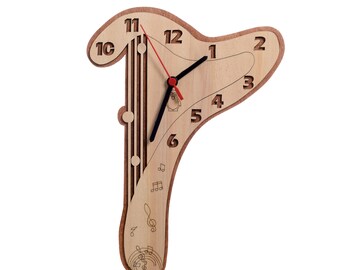 Harp Wood Clock with Numbers, Wooden Rustic Clock, Farmhouse Wall Clock, Wooden Wall Clock, Wood Wall Clock, Modern Clock for Music Lovers