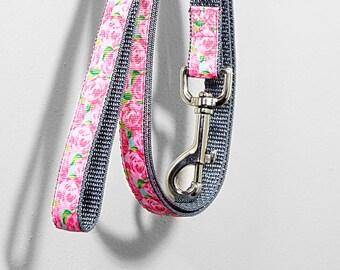 Pink Teal Pink and Green Impressionism Painted Flower Garden 1 Inch Dog Collar and Leash Set With Gray or White Backing
