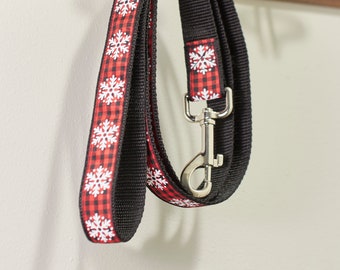 Holiday Snowflake with Red And Black Plaid 1 Inch Dog Leash With Black Or White Backing