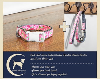 Pink Teal Pink and Green Impressionism Painted Flower Garden 1 Inch Dog Collar and Leash Set With Gray or White Backing