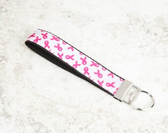 Breast Cancer Awareness Glitter Pink Ribbon 1 Inch Key Fob Keychain Wristlet Strap With Dark Pink, Gray Or White Backing