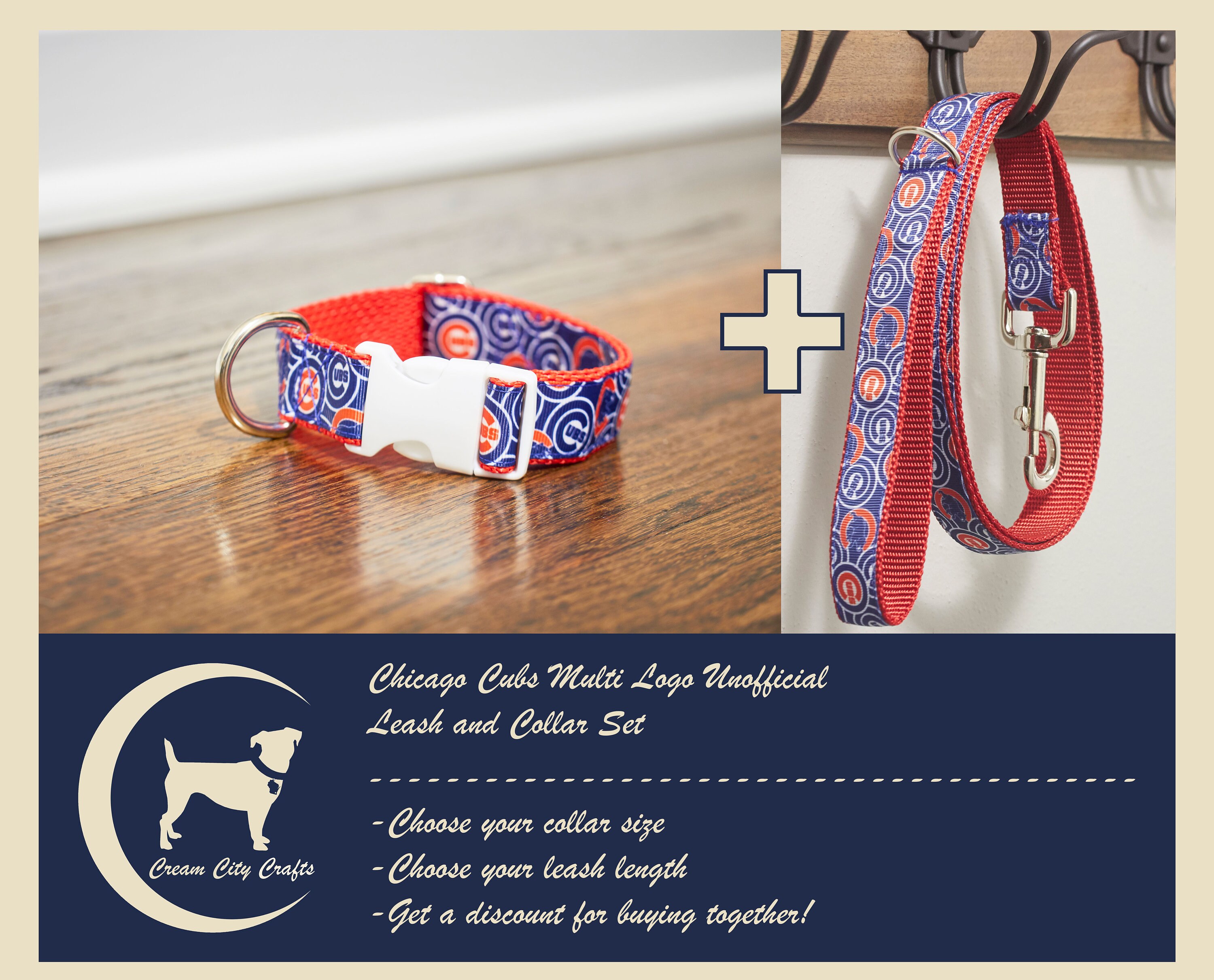 Chicago Cubs Multi Logo Unofficial 1 Inch Dog Collar and Leash 