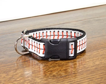 Red and Black Baseball Stitched 1 Inch Dog Collar with Black, Navy, Red, or White Backing