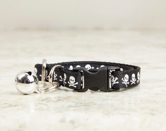 Skull And Cross Bones Rock And Roll Pirate 3/8 Inch Cat Collar With or Without Breakaway Buckle and Jingle Bell