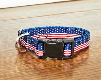 American Flag Patriotic Stars And Stripes In Red, White And Blue 3/4 Inch Dog Collar with Red, White or Navy Backing