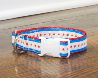 Chicago Flag Red Star and Blue Stripe 1 Inch Dog Collar With Red or White Backing