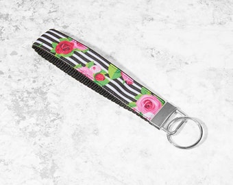 CLEARANCE Floral With Black And White Stripe 1 Inch Key Fob Keychain Wristlet Strap With Black Backing