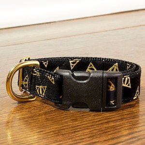 Wizardry School Emblem Black and Gold Metallic 1 Inch Dog Collar with Black Backing