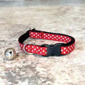 Red With White Polka Dot 3/8 Inch Cat Collar With Breakaway Buckle and Jingle Bell