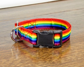 Può includere: Un collare per cani a righe arcobaleno con una fibbia in plastica nera e un anello a D in metallo argentato. Il collare presenta un vibrante spettro di colori, tra cui rosso, arancione, giallo, verde, blu e viola. Il collare è per un animale domestico.