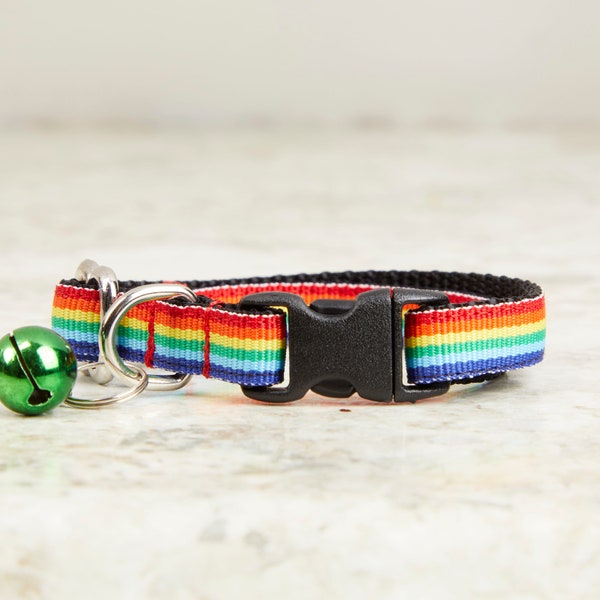 LGBTQ Pride Multicolor Rainbow 3/8 Inch Cat Collar With or Without Breakaway Buckle and Jingle Bell