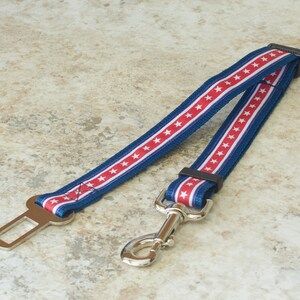 Red, White And Blue Stars And Stripes Adjustable 1 Inch Dog Seat Belt With Navy, Red or White Backing