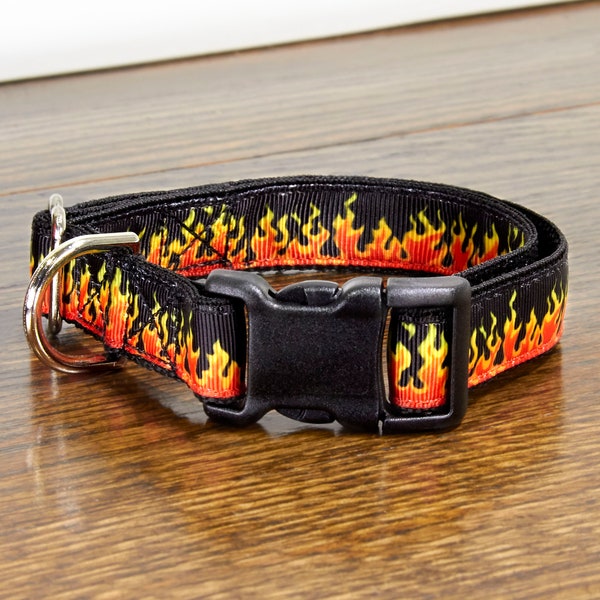 Red, Orange, and Yellow Flame 3/4 Inch Dog Collar with Black or Red Backing