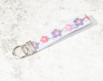 CLEARANCE Purple And Pink Hawaiian Themed Hibiscus Flower Design 1 Inch Key Fob Keychain Wristlet Strap With White Backing