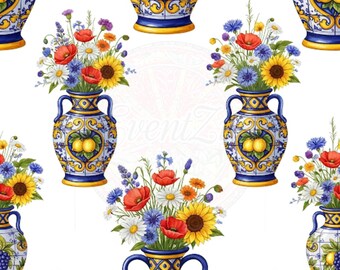 Op de afbeelding: Een herhalend patroon van sierlijke blauw-witte vazen gevuld met kleurrijke bloemen. De vazen hebben gele accenten en citroenmotieven. De bloemen omvatten zonnebloemen, klaprozen en madeliefjes, wat een levendig, decoratief ontwerp creëert.