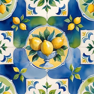 Sun-Kissed Lemon Digital Paper Pack | Seamless Mediterranean Patterns | Blue and Yellow Tile Designs