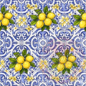 Pode incluir: Padrão sem costura com limões amarelos, folhas verdes e flores amarelas sobre um fundo de azulejos azuis e brancos. O design tem uma estética mediterrânea ou italiana, adequado para decoração de casa ou tecidos.
