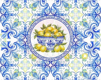 Amalfikust citroen digitaal papier - aquarel Italiaanse tegel clipart, blauwe en gele majolica ontwerpen (digitale download)-ALLEEN VOOR PERSOONLIJK GEBRUIK