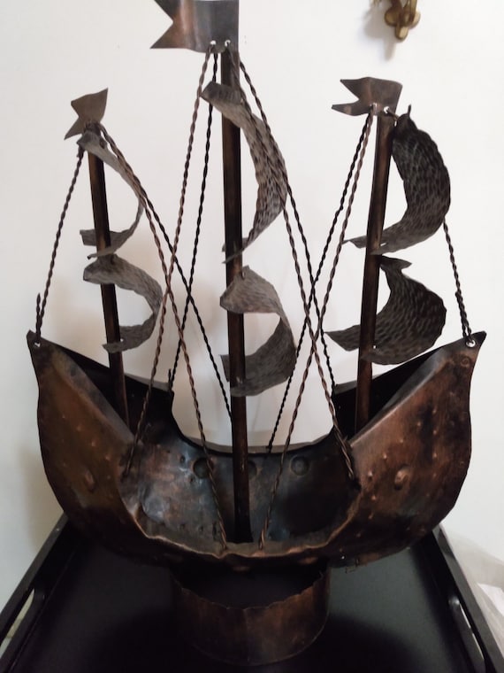 Antique Hand Wrought Metal Pirate Sail Ship w/Blowing Sails & Pennants-XL-Signed