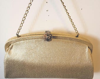 Vintage Small Gold Shimmer Metallic Evening Purse with Rose Clasp "As Is"