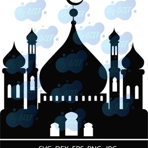Könnte beinhalten: Schwarze Silhouette einer Moschee mit einem Halbmond auf der Spitze. Die Moschee hat eine große Kuppel und zwei Minarette. Die Silhouette ist vor einem weißen Hintergrund mit blauen, aquarellartigen Wolken platziert.