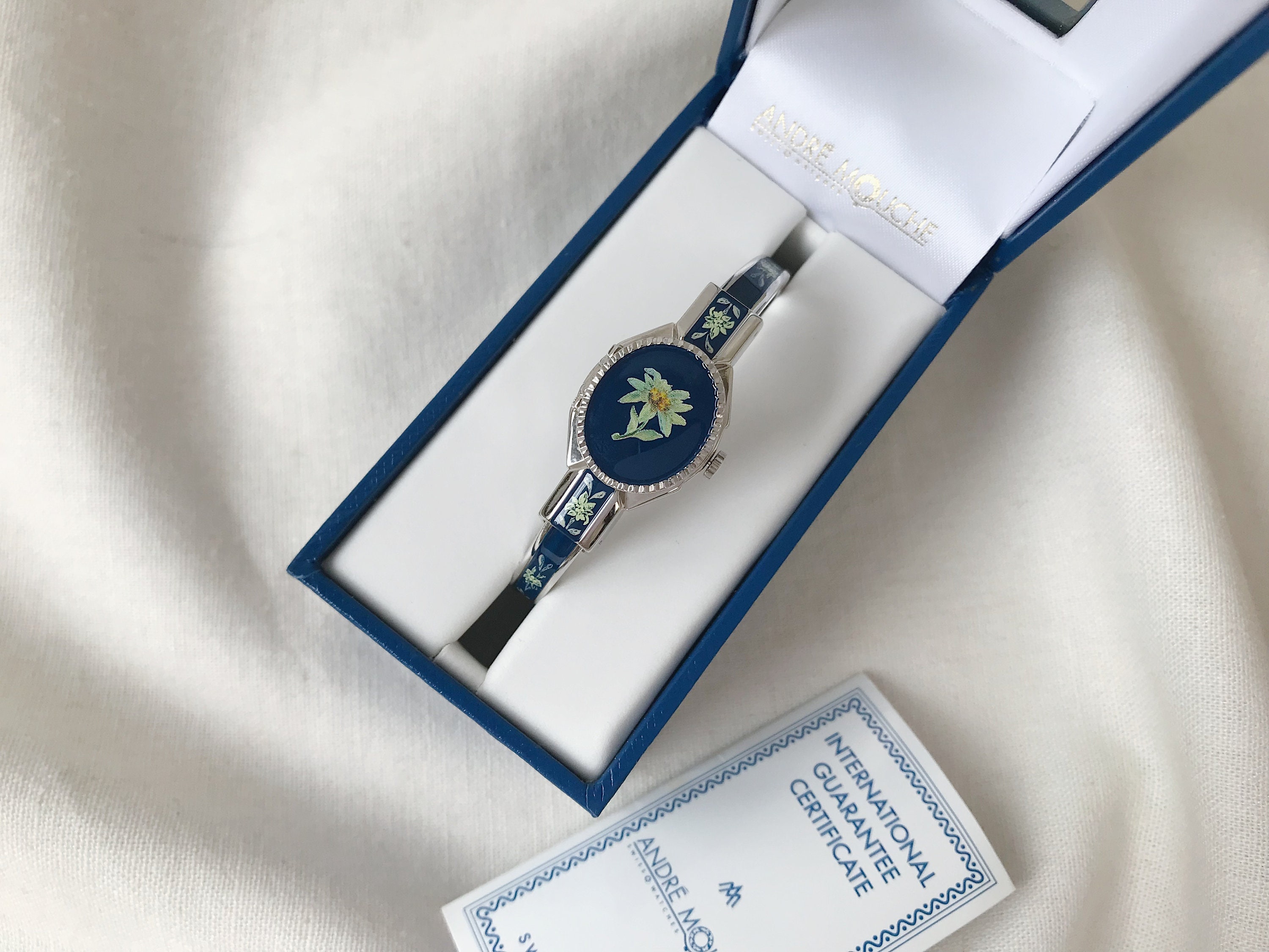 André Mouche Silver Tone Metal and Blue Enamel Women Watch With