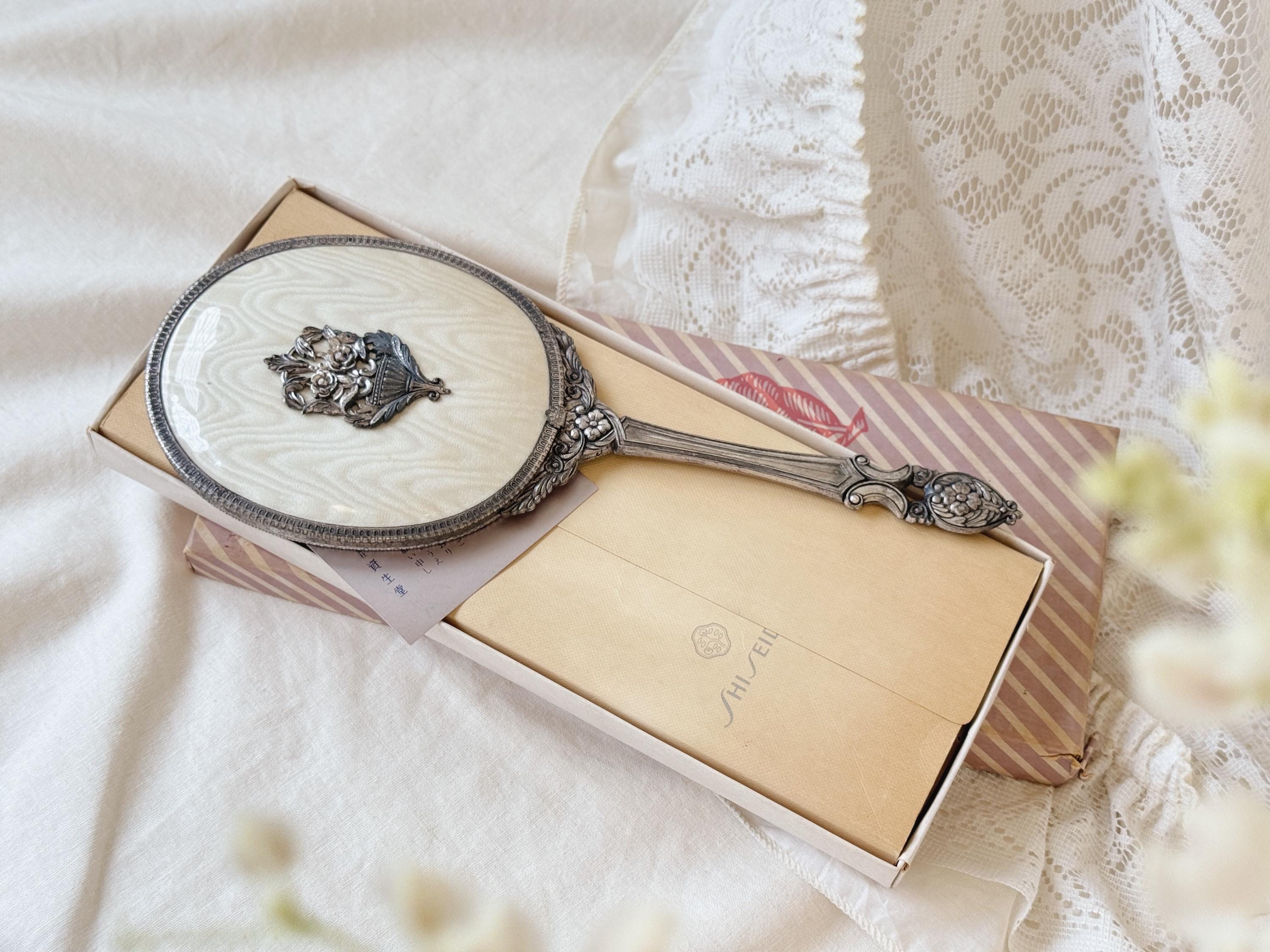 Vintage 60’s Shiseido hand mirror 花椿会 ハンドミラー Vintage SHISEIDO Silver Tone Metal Hand Mirror With Box, Shiseido