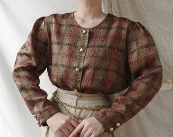 Blusa vintage de manga larga a cuadros marrones de Pierre Balmain, fabricada en Japón